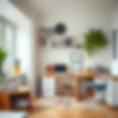 A stylish home office with neatly arranged books and organized workspace