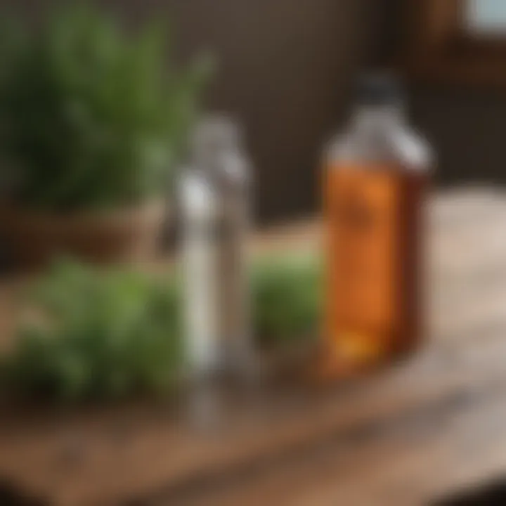 Close-up of natural herbicide ingredients like vinegar and salt on a wooden table