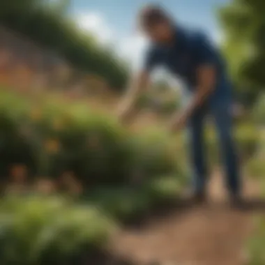 An eco-conscious gardener applying a selective herbicide carefully around flowers