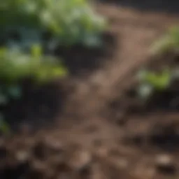 A close-up of organic mulch spread over garden soil