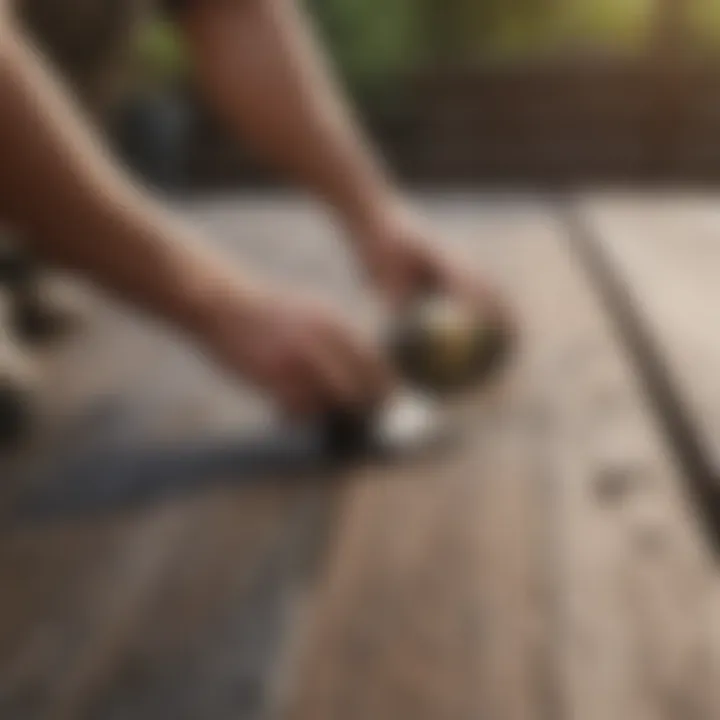 A person applying a remover on a deck using a brush