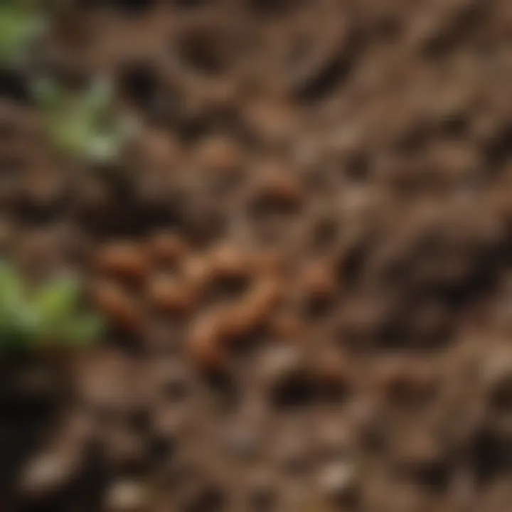 Close-up of garden soil revealing grubs