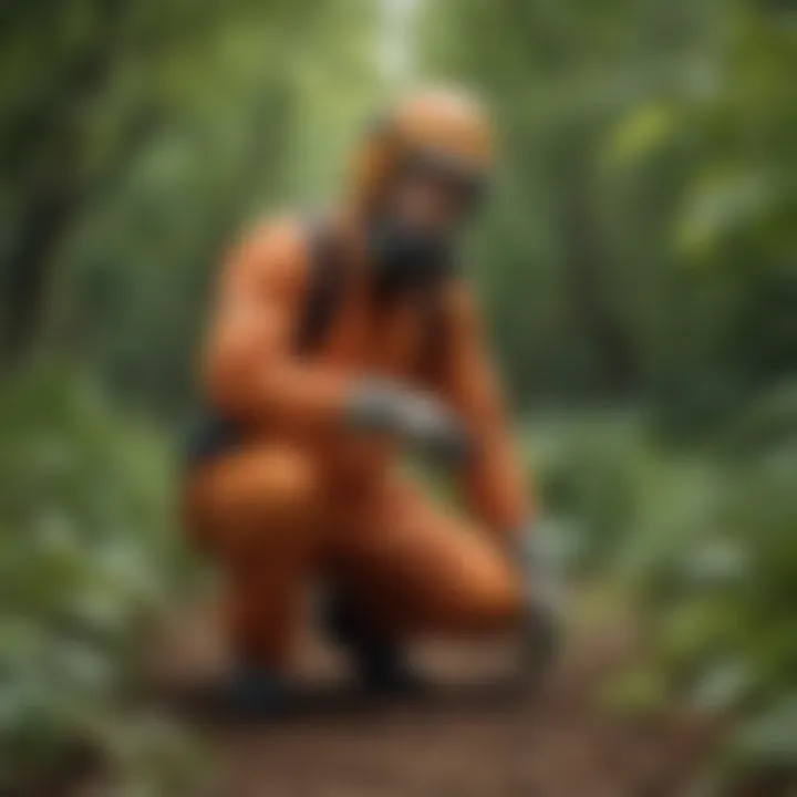 Gardener wearing protective gear while removing poison ivy manually.