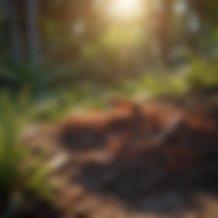 A close-up view of a fire ant mound in a garden setting