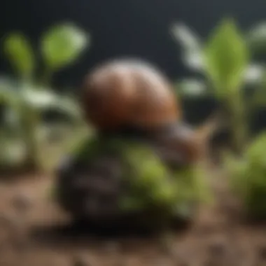 A garden area with visible snail damage on plants