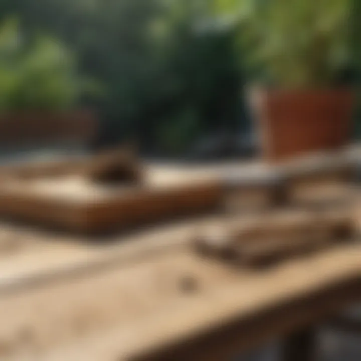 Tools for effective bamboo root removal displayed on a garden table