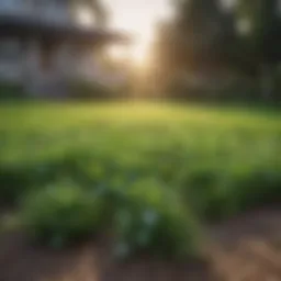 Lush green lawn with clovers visible