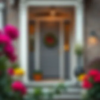 Freshly painted front door with welcoming flower arrangements