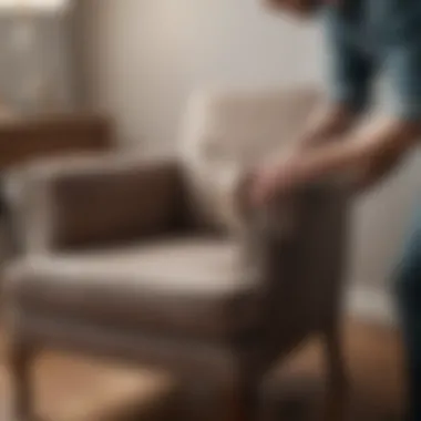 A person applying a stain removal technique on a fabric chair