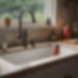 A plunger poised above a kitchen sink with water pooling inside