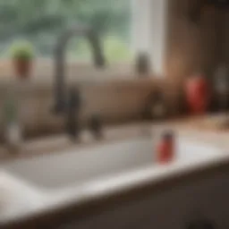 A plunger poised above a kitchen sink with water pooling inside