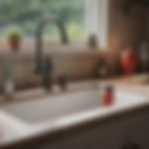 A plunger poised above a kitchen sink with water pooling inside