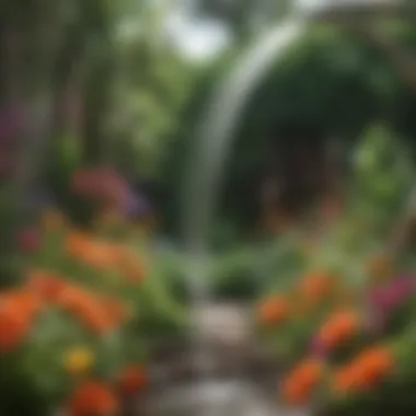 A close-up of a garden hose watering vibrant flowers