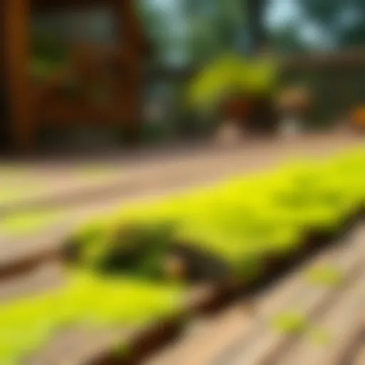 Vibrant green mold on a wooden deck