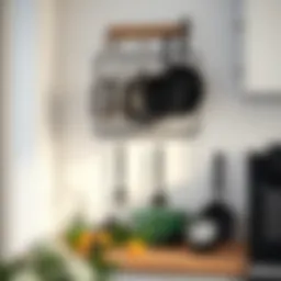 Elegant wall-mounted pan rack showcasing various cooking pans