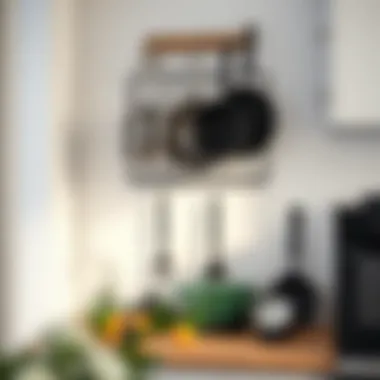 Stylish Wall-Mounted Storage Elegant wall-mounted pan rack showcasing various cooking pans