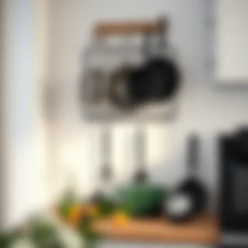 Stylish Wall-Mounted Storage Elegant wall-mounted pan rack showcasing various cooking pans