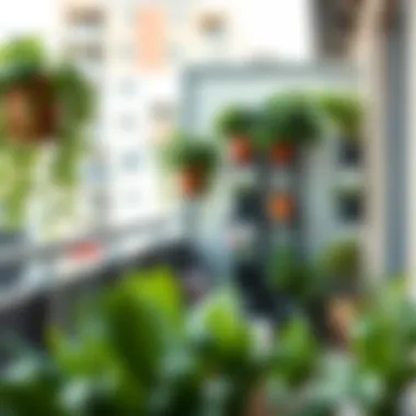 Creative balcony garden layout with vertical planters and seating area