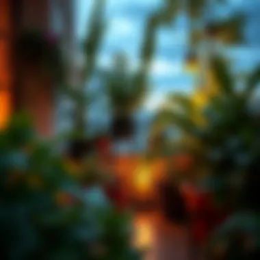 Lush balcony garden in evening light, showcasing thriving plants