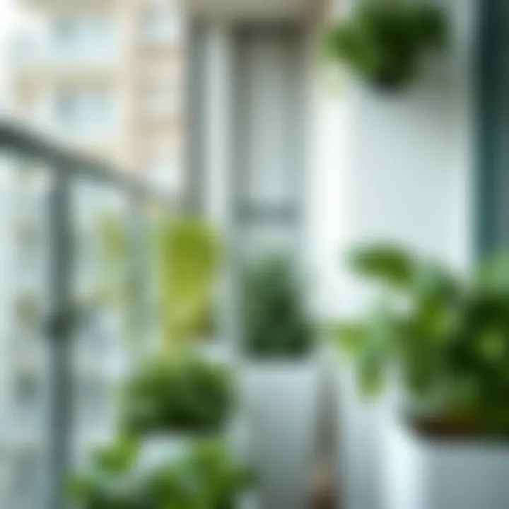 Close-up of modern planters filled with herbs on a balcony