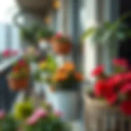 Stylish balcony with diverse planters showcasing vibrant flowers and greenery
