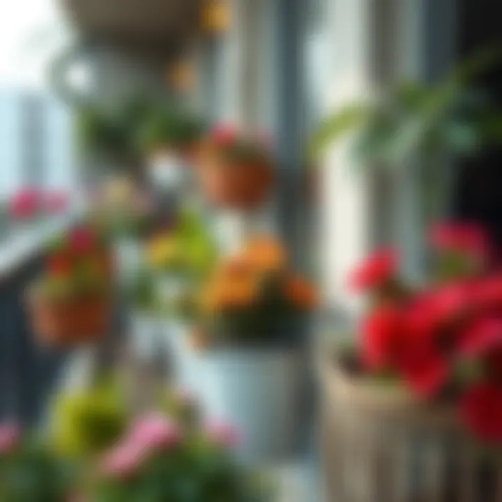 Stylish balcony with diverse planters showcasing vibrant flowers and greenery