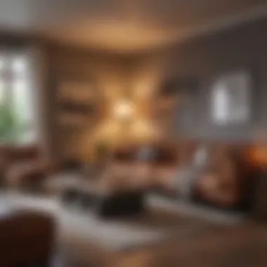Cozy Living Room with Warm Lighting A serene living room with warm lighting and cozy textures.