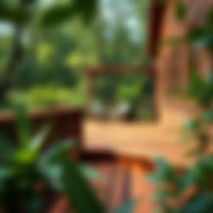 A beautifully painted brown deck surrounded by greenery