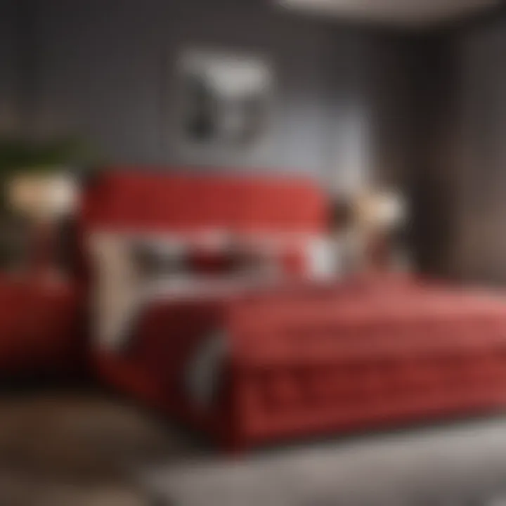 Bold red bed frame with artistic decor elements around it