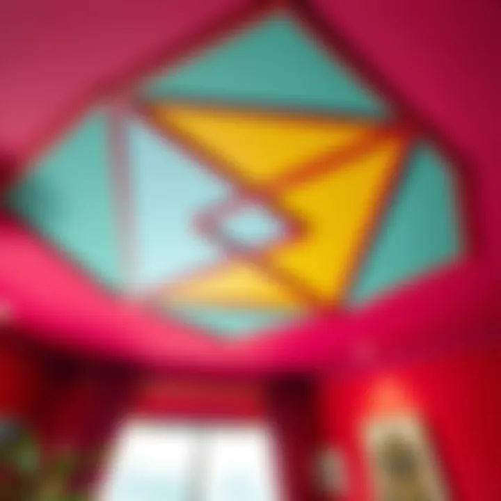 Bold geometric pattern on a modern ceiling with vibrant colors