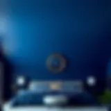 Luxurious bedroom ceiling painted in deep navy blue