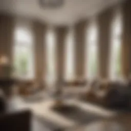 A lavish living room adorned with large, elegant curtains that frame a panoramic window