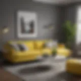 A serene living room featuring grey walls and vibrant yellow accents.