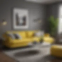 A serene living room featuring grey walls and vibrant yellow accents.