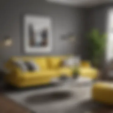 A serene living room featuring grey walls and vibrant yellow accents.