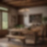 Rustic wooden dining table adorned with farmhouse decor