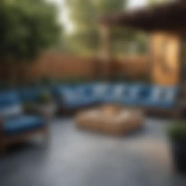 An outdoor space adorned with earth tone blue elements, including seating and planters, providing a calming atmosphere.