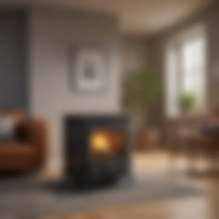 A cozy living room featuring a biomass heating stove as a focal point.