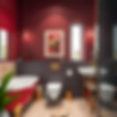 Vibrant bathroom featuring bold red and gold accents