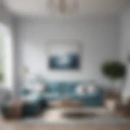 A serene living room with soft blue and white color scheme