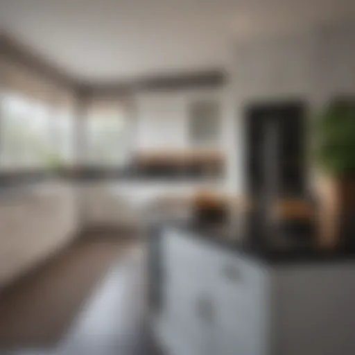 Elegant white kitchen with dark granite countertops