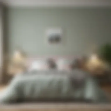 A bedroom featuring a calming palette with soft pastels.