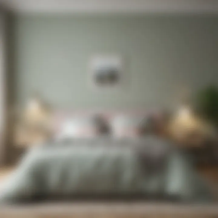 A bedroom featuring a calming palette with soft pastels.