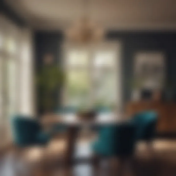 A dining area styled with contrasting colors for an inviting atmosphere.
