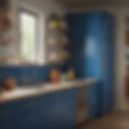 Contemporary kitchen showcasing a vibrant blue cabinet with neutral walls