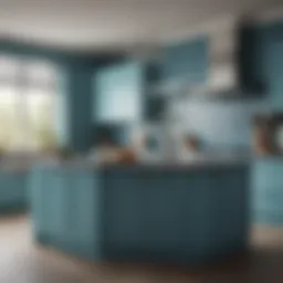 A serene kitchen with cool blue accents and soft lighting