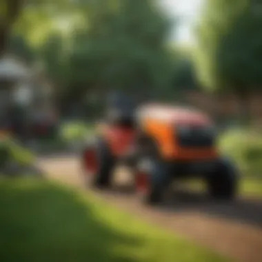 Diverse Lawn Tractor Models in a Garden Wide view of various lawn tractors in a well-maintained garden setting