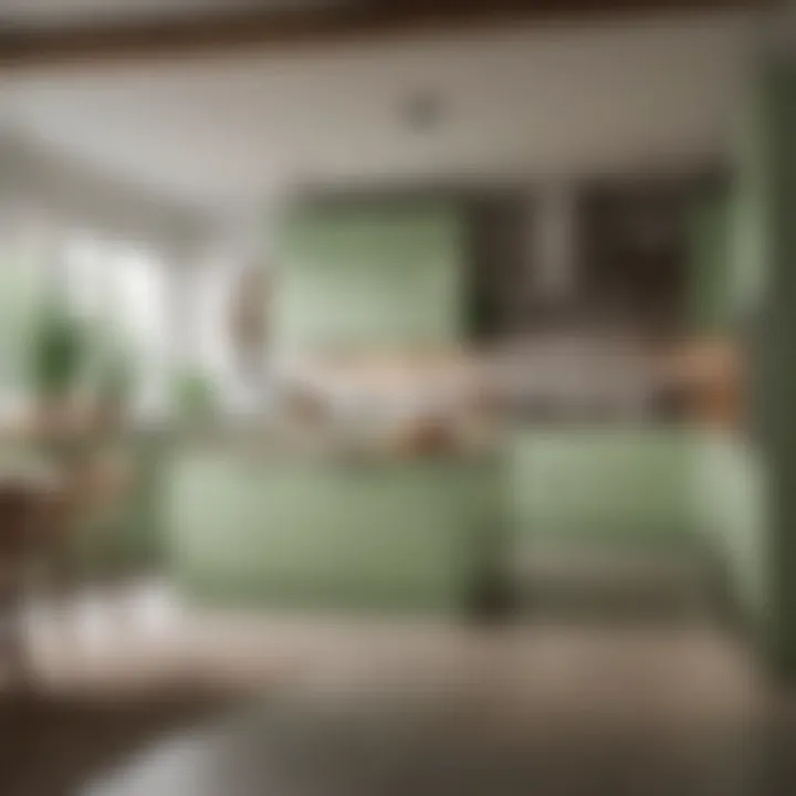 Modern kitchen design featuring light green cabinets and wooden accents