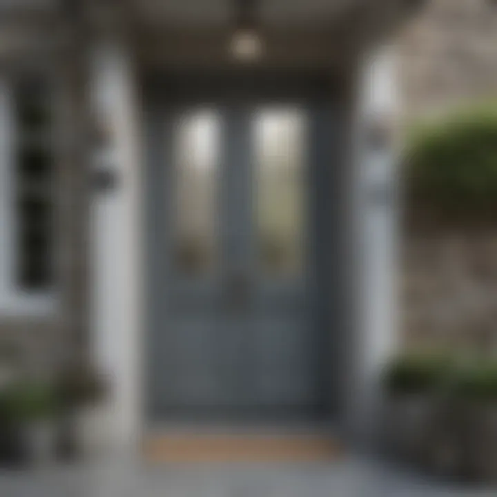 Subtle gray front door harmonizing with stone exterior