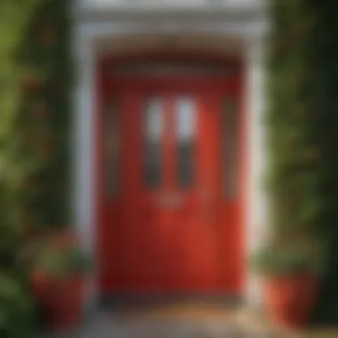 Vibrant red front door with surrounding greenery